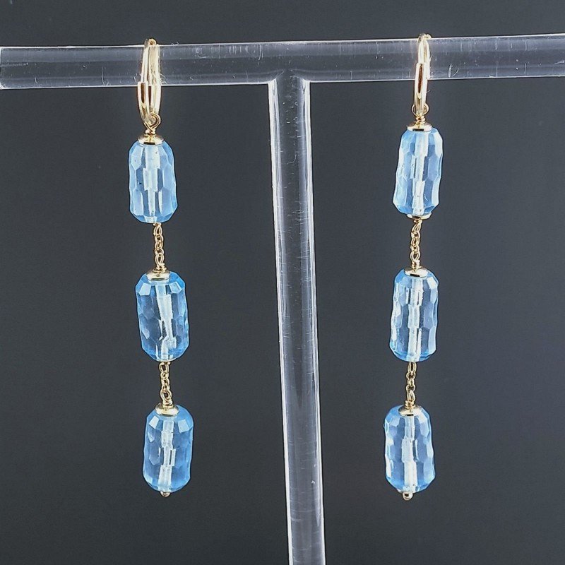 Orecchini In Argento 925 A Nodo Orafo Dorato Con Cristallo Di Rocca Diamantata Azzurro Tubetti Sfaccettato A Mano