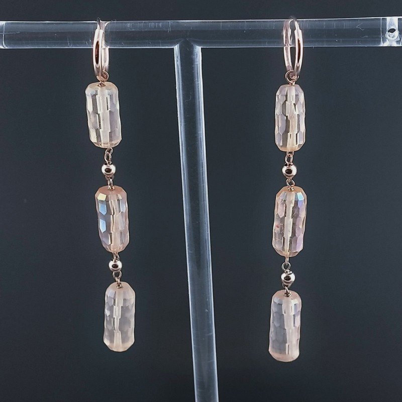 Orecchini In Argento 925 A Nodo Orafo Oro Rosa Con Cristallo Di Rocca Diamantata Beige Tubetti Sfaccettato A Mano