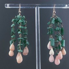 Orecchini Pioggia A Nodo Orafo Rosato Con Avventurina Verde E Opale Rosa Goccia Sfaccettato A Mano