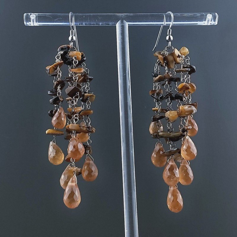 Orecchini Pioggia A Nodo Orafo Rodiato Con Occhio Di Tigre E Granato Hessonite Goccia Sfaccettato A Mano