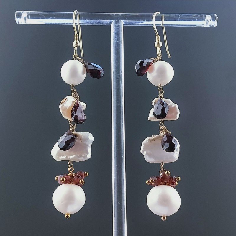 Orecchini A Nodo Orafo Dorato Con Perle Di Fiume Scaramazze E Granato Rosso Goccia Briolette Sfaccettato A Mano