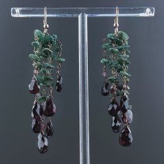 Orecchini Pioggia A Nodo Orafo Rosato Con Avventurina Verde E Granato Rosso Goccia Briolette Sfaccettato A Mano
