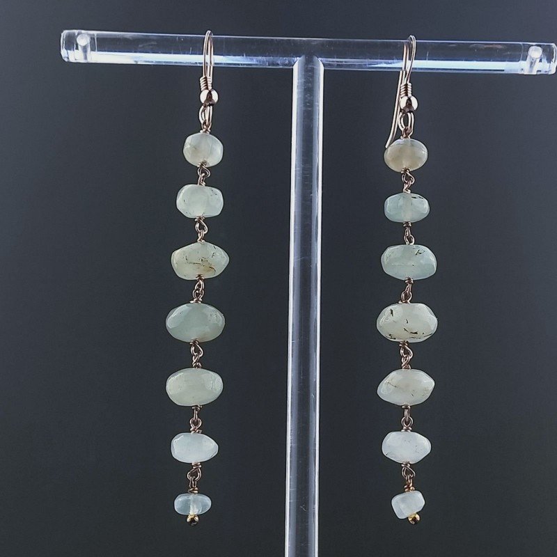 Orecchini In Argento 925 Gradazione A Nodo Orafo Oro Rosa Con Acquamarina Rondelle Liscio A Mano