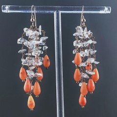 Orecchini Pioggia A Nodo Orafo Rosato Con Cristallo Di Rocca E Corallo Bamboo Goccia Liscio A Mano