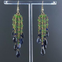 Orecchini Pioggia A Nodo Orafo Dorato Con Zircone Verde E Iolite Goccia Sfaccettato Briolette A Mano