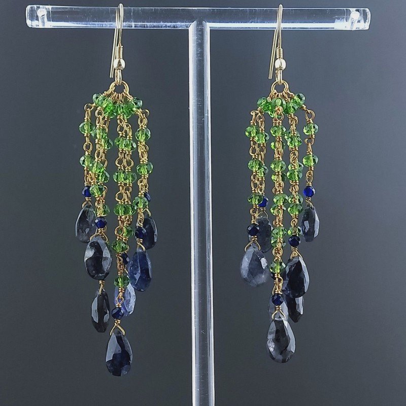 Orecchini Pioggia A Nodo Orafo Dorato Con Zircone Verde E Iolite Goccia Sfaccettato Briolette A Mano