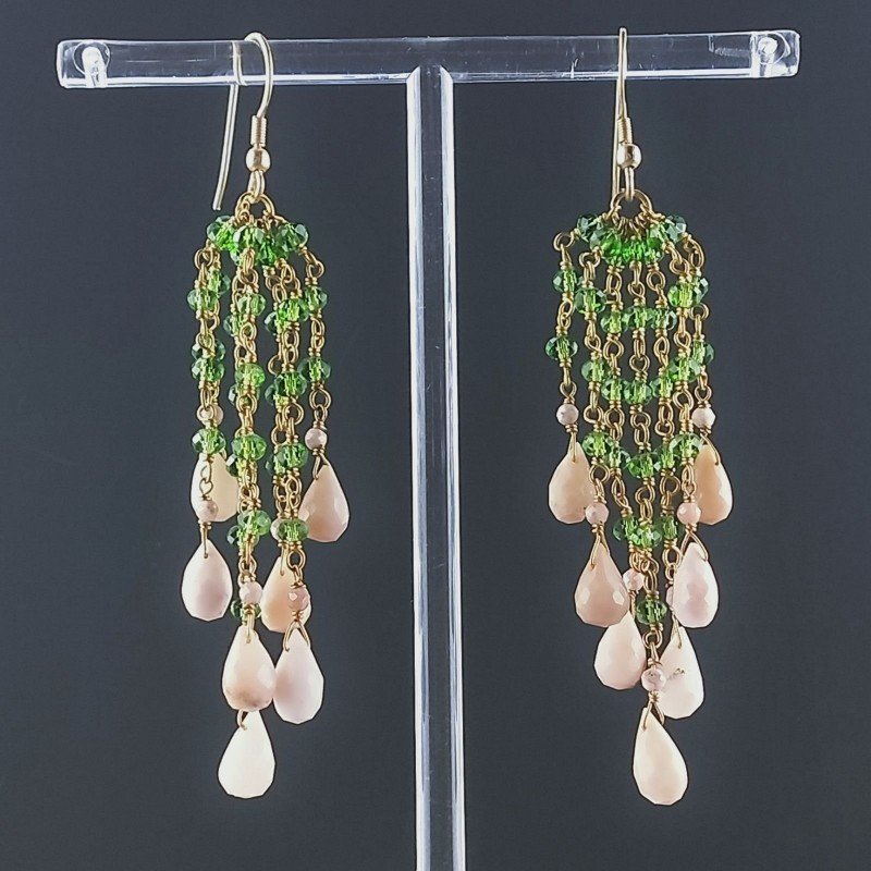Orecchini Pioggia A Nodo Orafo Dorato Con Zircone Verde E Opale Rosa Goccia Sfaccettato A Mano
