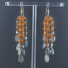 Orecchini Pioggia A Nodo Orafo Dorato Con Zircone Arancione E Labradorite Goccia Briolette Sfaccettato A Mano