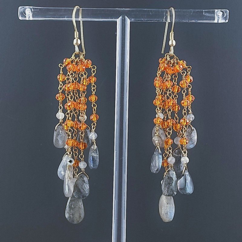 Orecchini Pioggia A Nodo Orafo Dorato Con Zircone Arancione E Labradorite Goccia Briolette Sfaccettato A Mano