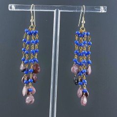 Orecchini Pioggia A Nodo Orafo Dorato Con Calcedonio Blu E Diaspro Rosso Goccia Briolette Sfaccettato A Mano