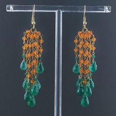 Orecchini Pioggia A Nodo Orafo Dorato Con Zircone Arancione E Onice Verde Goccia Sfaccettato A Mano