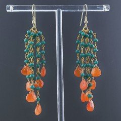 Orecchini Pioggia A Nodo Orafo Dorato Con Zircone Verde E Corniola Goccia Sfaccettato Briolette A Mano