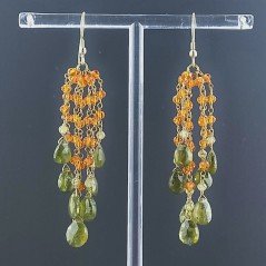 Orecchini Pioggia A Nodo Orafo Dorato Con Zircone Arancione E Olivina (Peridoto) Goccia Sfaccettato A Mano