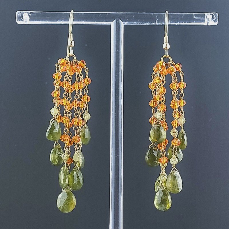 Orecchini Pioggia A Nodo Orafo Dorato Con Zircone Arancione E Olivina (Peridoto) Goccia Sfaccettato A Mano