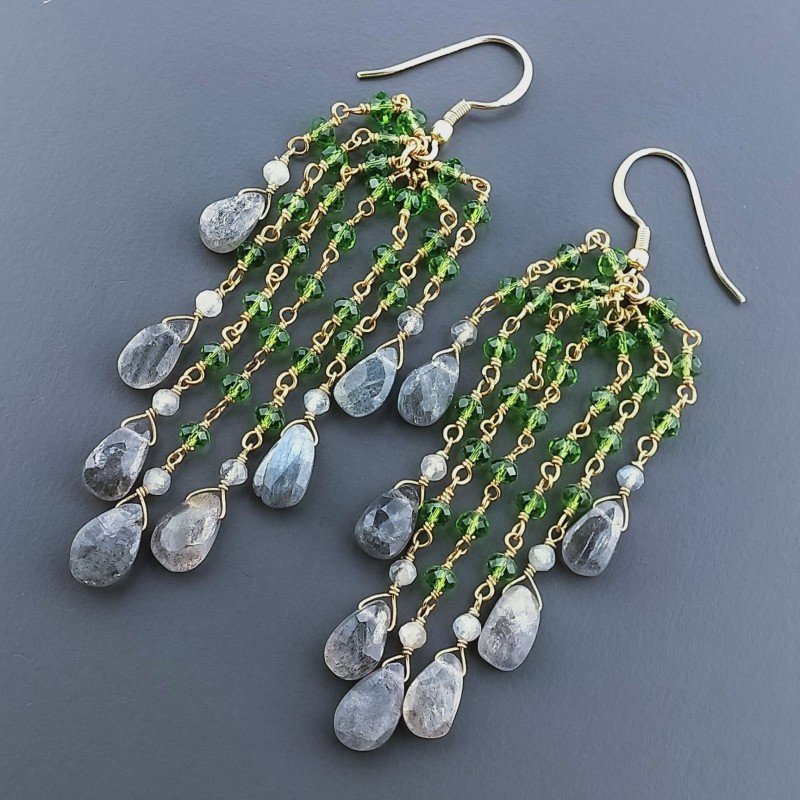 Orecchini Pioggia A Nodo Orafo Dorato Con Zircone Verde E Labradorite Goccia Sfaccettate Briolette A Mano