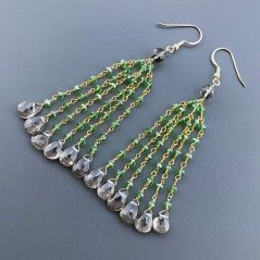 Orecchini Pioggia A Nodo Orafo Dorato Con Zircone Verde E Quarzo Fume Goccia Sfaccettate Briolette A Mano