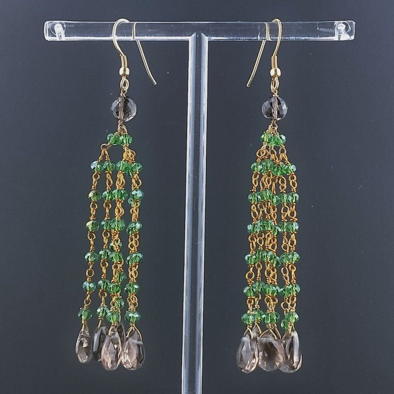 Orecchini Pioggia A Nodo Orafo Dorato Con Zircone Verde E Quarzo Fume Goccia Sfaccettate Briolette A Mano