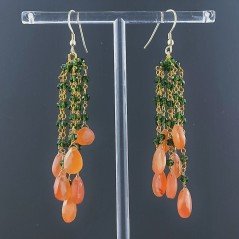 Orecchini Pioggia A Nodo Orafo Dorato Con Zircone Verde E Corniola Goccia Sfaccettato Briolette A Mano
