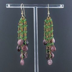 Orecchini Pioggia A Nodo Orafo Dorato Con Zircone Verde E Diaspro Rosso Goccia Sfaccettato Briolette A Mano