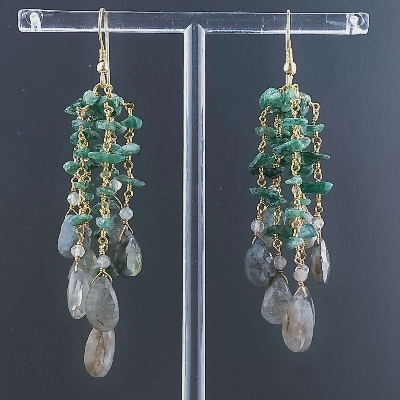 Orecchini Pioggia A Nodo Orafo Dorato Con Avventurina Verde E Labradorite Goccia Sfaccettato Briolette A Mano