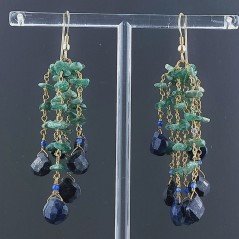 Orecchini Pioggia A Nodo Orafo Dorato Con Avventurina Verde E Lapis Lazuli Goccia Sfaccettato Briolette A Mano