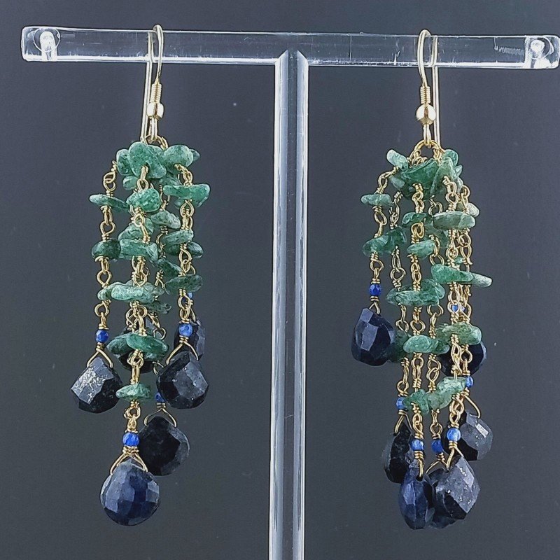 Orecchini Pioggia A Nodo Orafo Dorato Con Avventurina Verde E Lapis Lazuli Goccia Sfaccettato Briolette A Mano