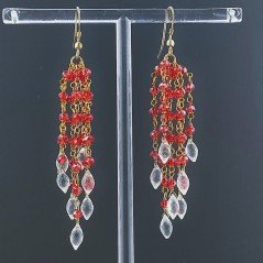 Orecchini Pioggia A Nodo Orafo Dorato Con Zircone Rosso E Cristallo Di Rocca Goccia Sfaccettate A Mano