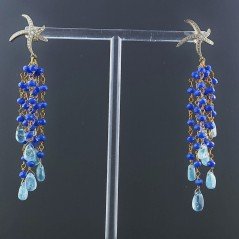 Orecchini Pioggia A Nodo Orafo Dorato Con Calcedonio Blu E Apatite Goccia Liscio A Mano