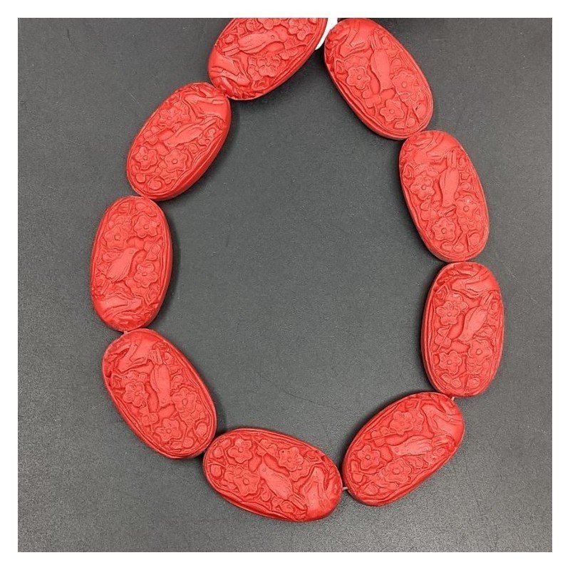 Resina rossa in Perline Forma Ovale Piatto Liscio Inciso Foro Passante 18X32mm