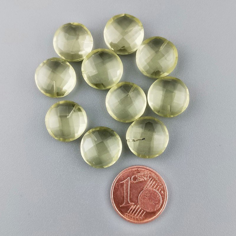 Briolette di Quarzo Limone Idrotermale, Forma Tondo Piatto, Sfaccettata a Mano, Mezzo Forato, 12 mm