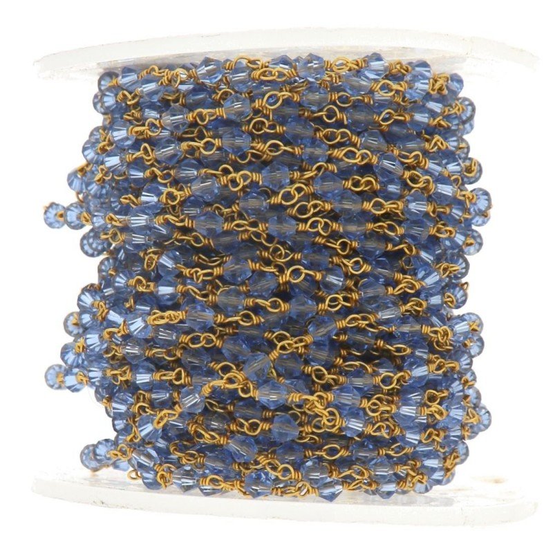 Rosario catena dorato mezzi cristalli blu 7 sfaccettati tondo 3-4mm 1Metro