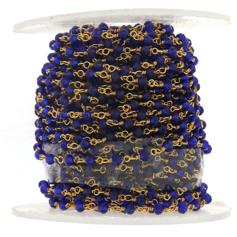 Rosario catena dorato mezzi cristalli blu trasparente sfaccettati tondo 3-4mm 1Metro