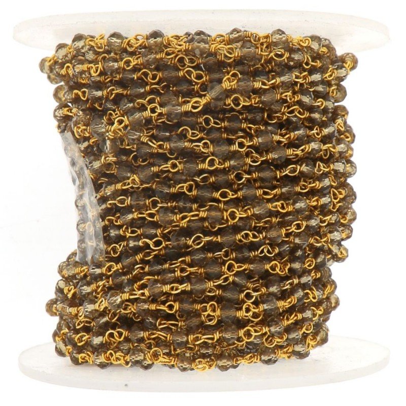 Rosario catena dorato mezzi cristalli fume 3 sfaccettati tondo 3-4mm 1Metro