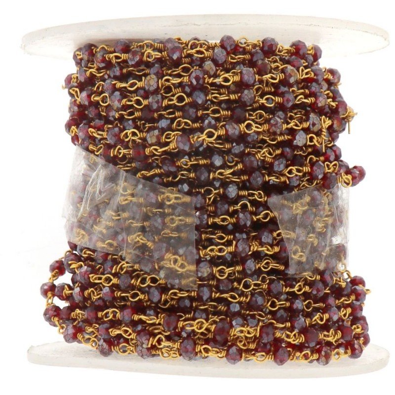 Rosario catena dorato mezzi cristalli granat diamantat sfaccettati tondo 3-4mm 1Metro