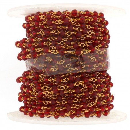 Rosario catena dorato mezzi cristalli rosoo 4 sfaccettati tondo 3-4mm 1Metro