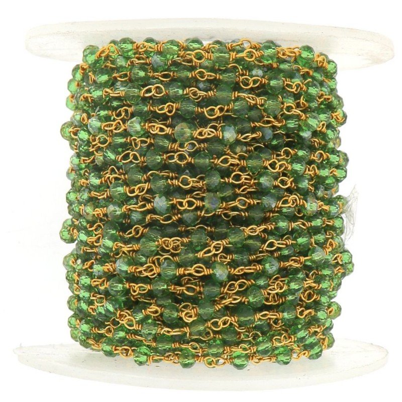 Rosario catena dorato mezzi cristalli verde peridoto sfaccettati tondo 3-4mm 1Metro