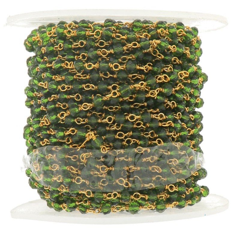 Rosario catena dorato mezzi cristalli verde scuro sfaccettati tondo 3-4mm 1Metro