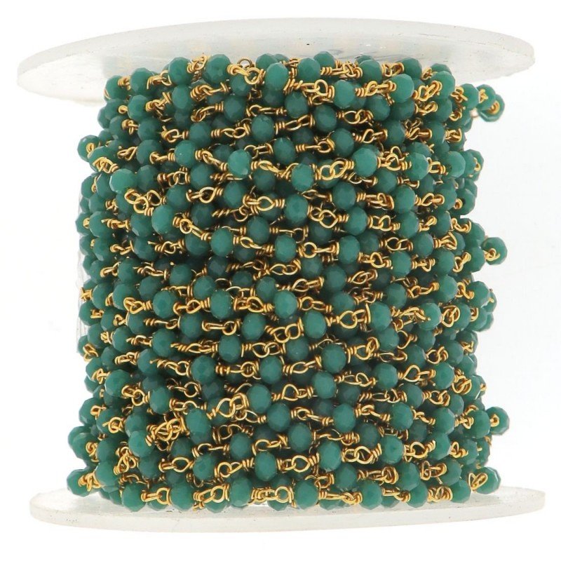 Rosario catena dorato mezzi cristalli verde smeraldo sfaccettati tondo 3-4mm 1Metro