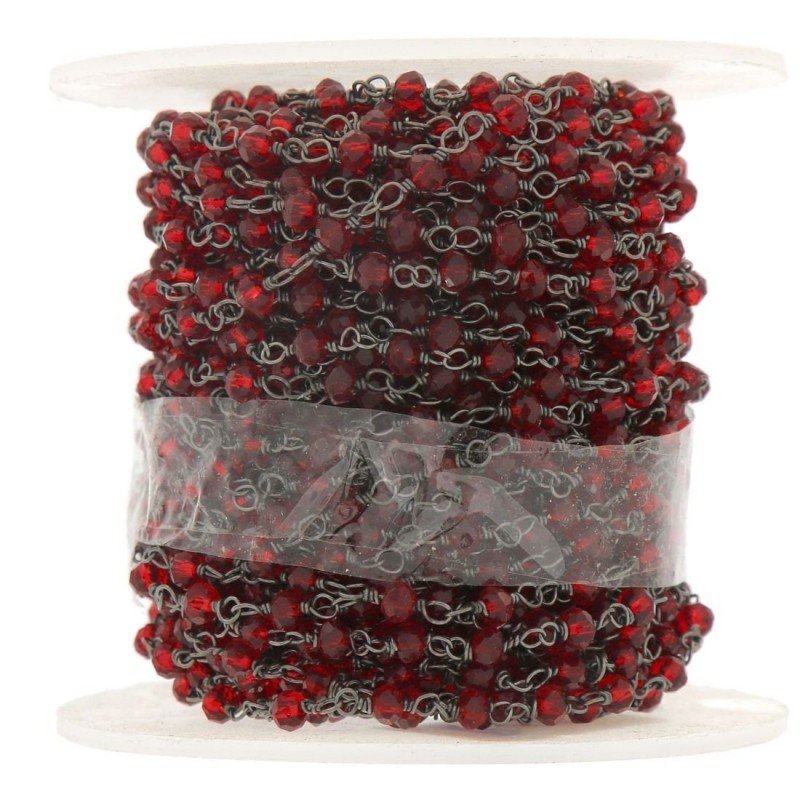 Rosario catena nero mezzi cristalli rosso 3 tondi sfaccettati 3-4mm 1Metro