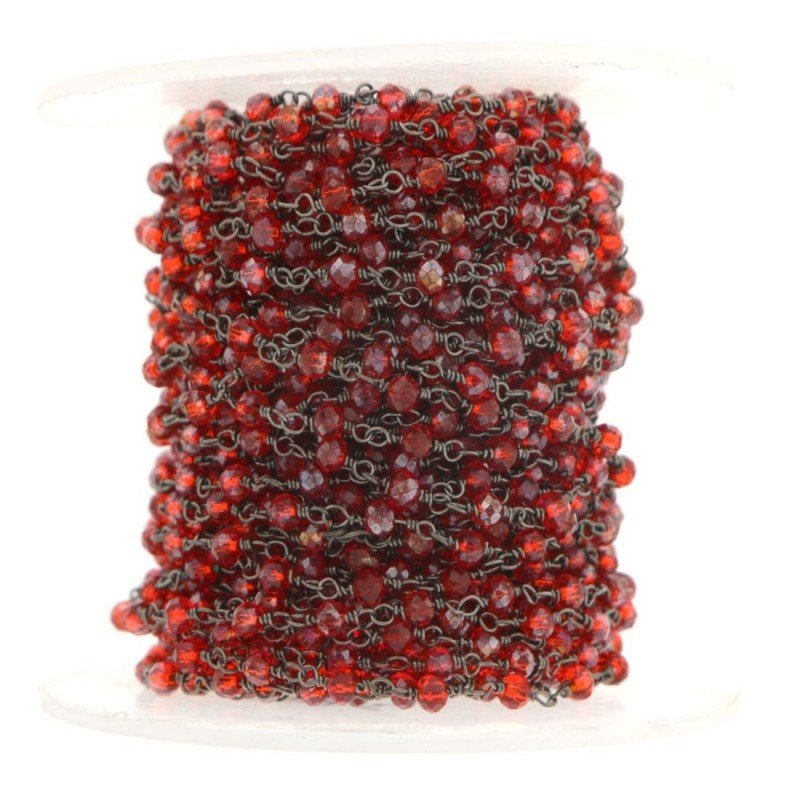 Rosario catena nero mezzi cristalli rosso diamantat sfaccettati tondo 3-4mm 1Metro