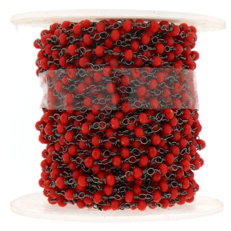 Rosario catena nero mezzi cristalli rosso fluo tondo sfaccettati 3-4mm 1Metro