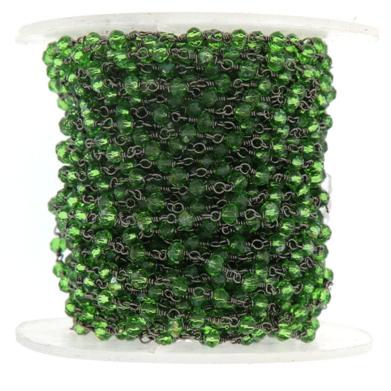 Rosario catena nero mezzi cristalli verde 2 tondo sfaccettati 3-4mm 1Metro