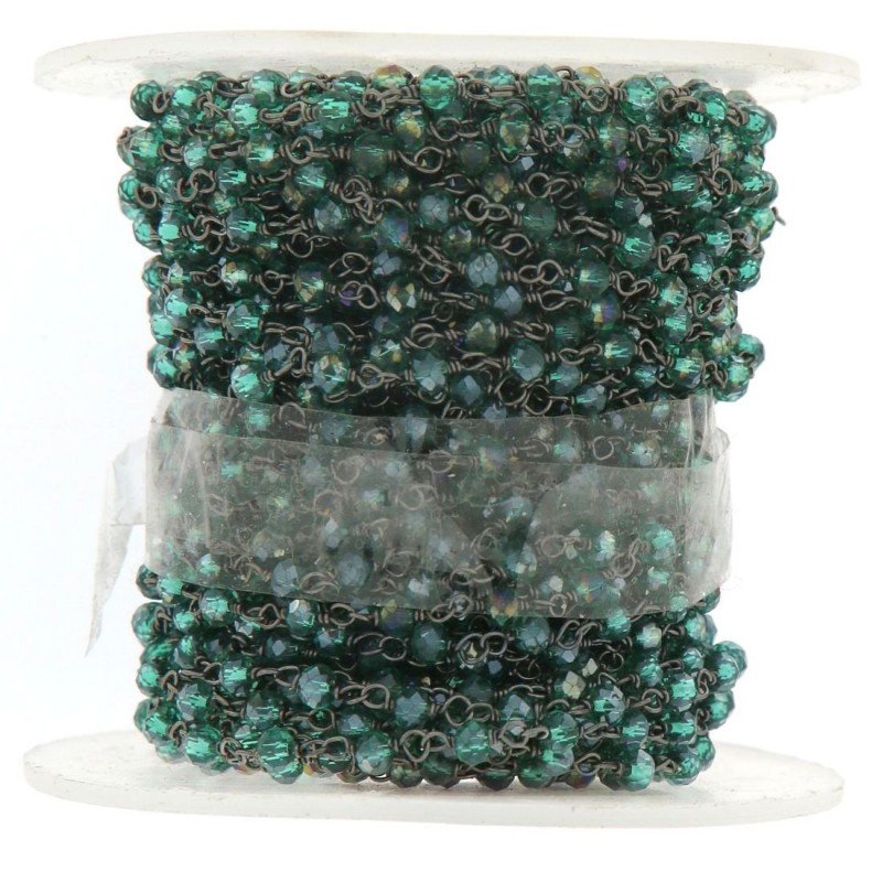 Rosario catena nero mezzi cristalli verde acqua diamantato tondo sfaccettati 3-4mm 1Metro