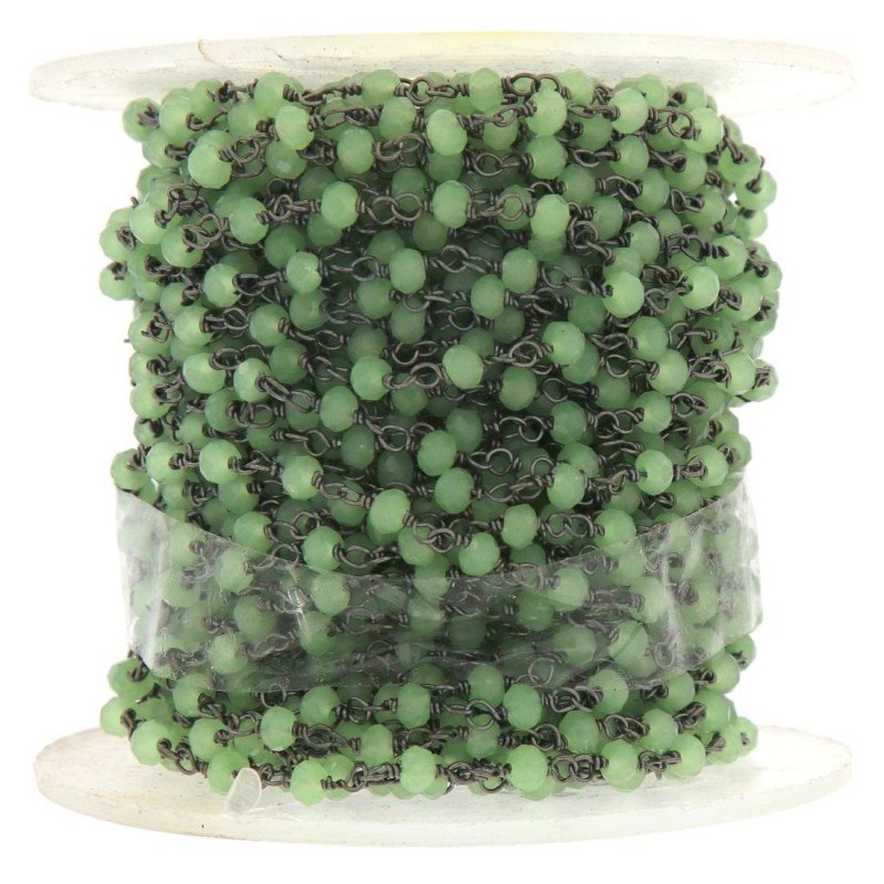 Rosario catena nero mezzi cristalli verde chiaro 2 tondi sfaccettati 3-4mm 1Metro