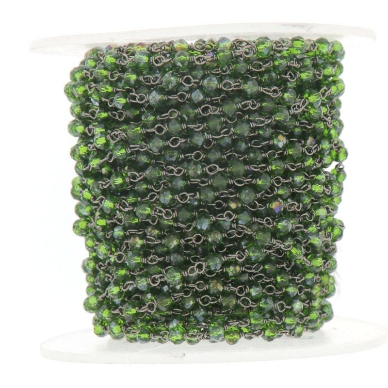 Rosario catena nero mezzi cristalli verde diamantat tondi sfaccettati 3-4mm 1Metro