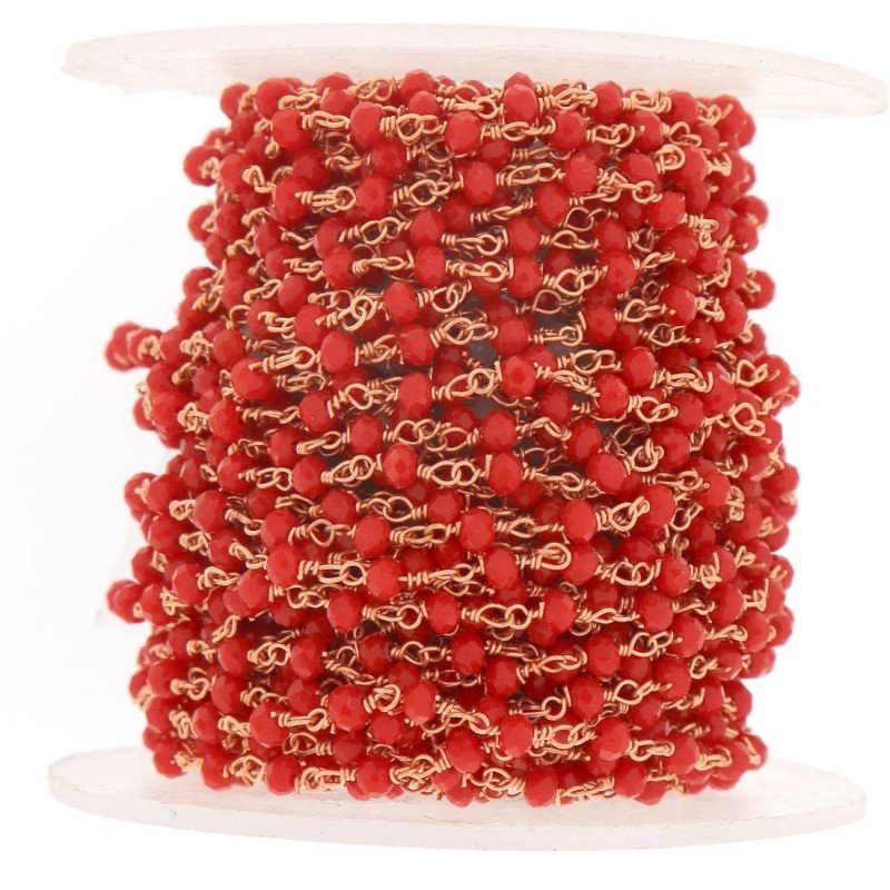 Rosario catena rosato mezzi cristalli rosso fluo tondo sfaccettati 3-4mm 1Metro