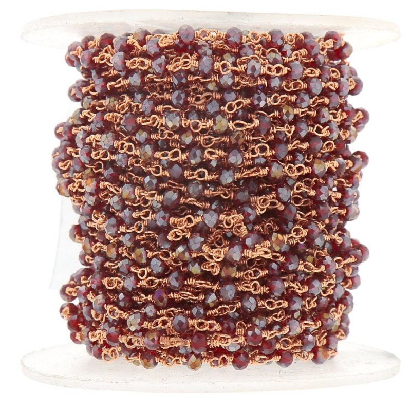 Rosario catena rosato mezzi cristalli rosso scuro diamantate tondo sfaccettati 3-4mm 1Metro