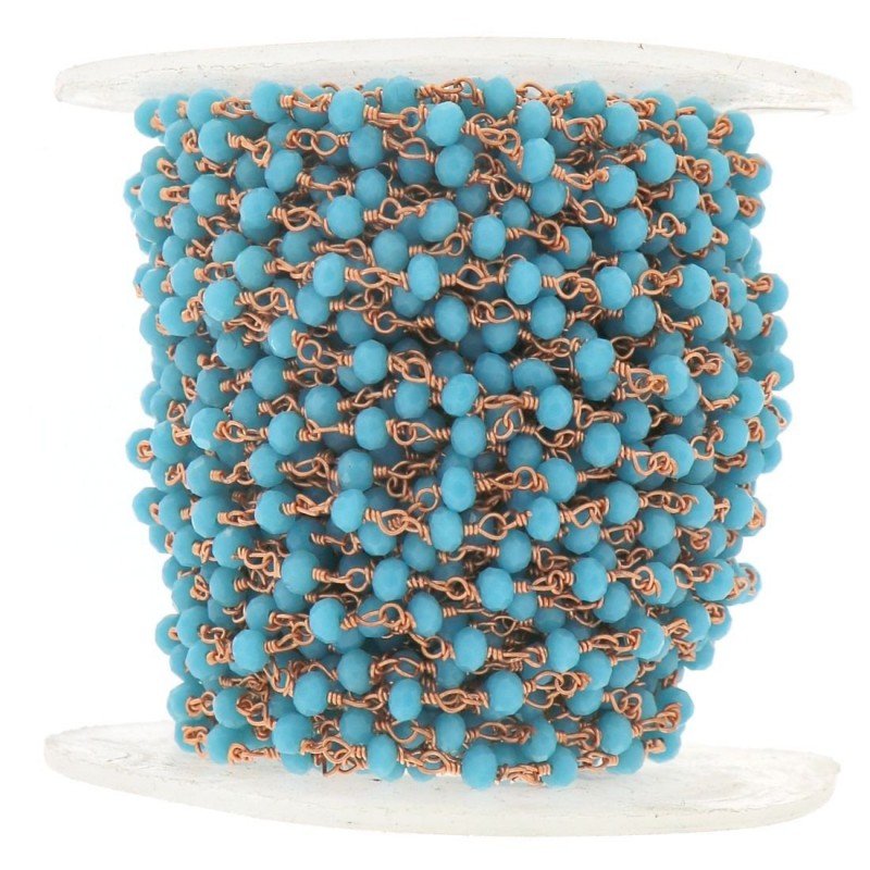 Rosario catena rosato mezzi cristalli turchese azzurro tondo sfaccettati 3-4mm 1Metro