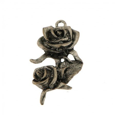 Ciondolo in Ottone Argentato a Forma di Fiore Rosa Lavoro Inciso Stile Etnico 27x54mm Mod. B7 1pz
