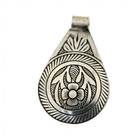Ciondolo in Ottone Argentato a Forma di Goccia Lavoro Inciso Stile Etnico 30x50mm Mod. B10 1pz